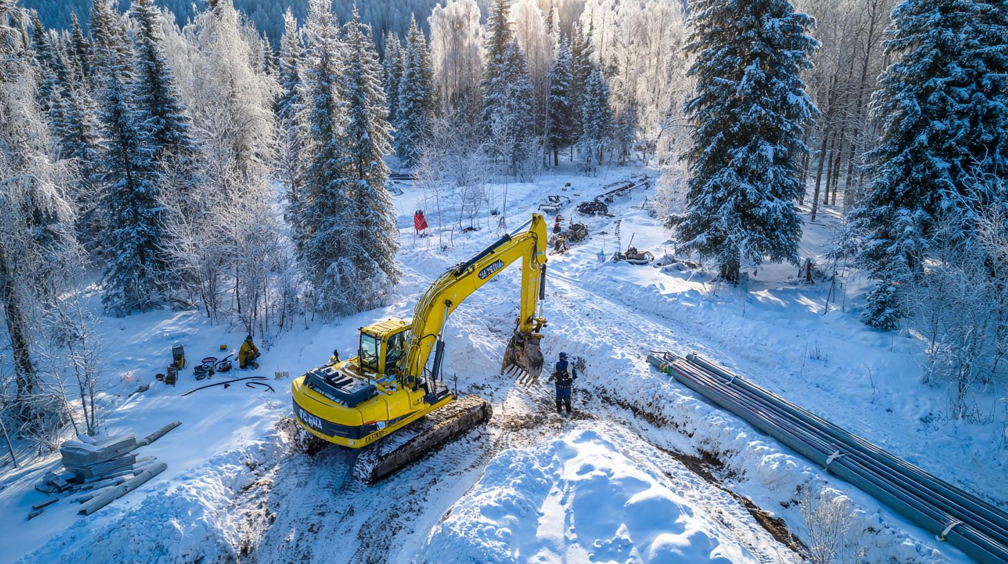 Желтый экскаватор с высоты дрона, реалистичная фотография